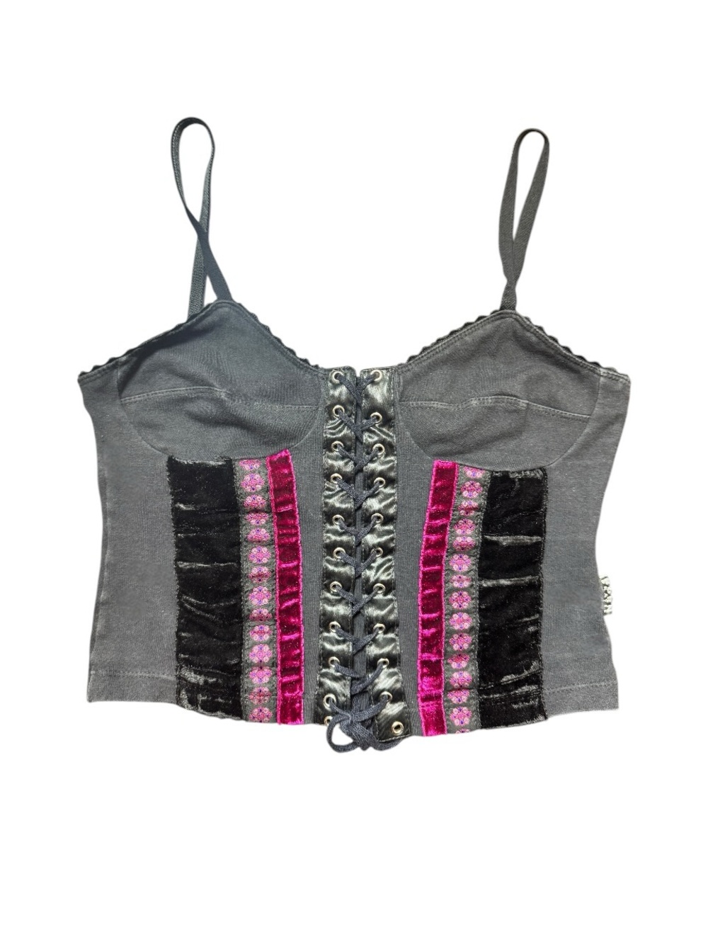 Y2K Born Brazil Black + Pink Lace Up Velvet Trim Cami Corset Top Size Small